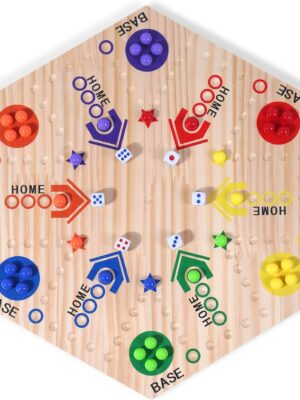 AQSXO Wooden Board Game, Original Marble Game Board Game Double Sided Painted for 6 and 4 Player with 6 Colors 36 Marbles, 6 Dice for Family Game Night