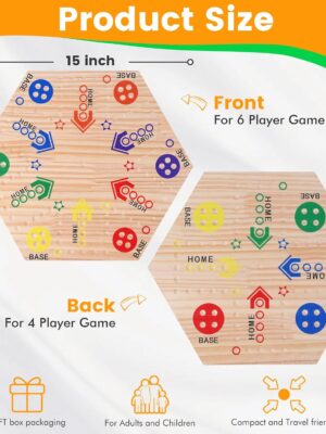 AQSXO Wooden Board Game, Original Marble Game Board Game Double Sided Painted for 6 and 4 Player with 6 Colors 36 Marbles, 6 Dice for Family Game Night